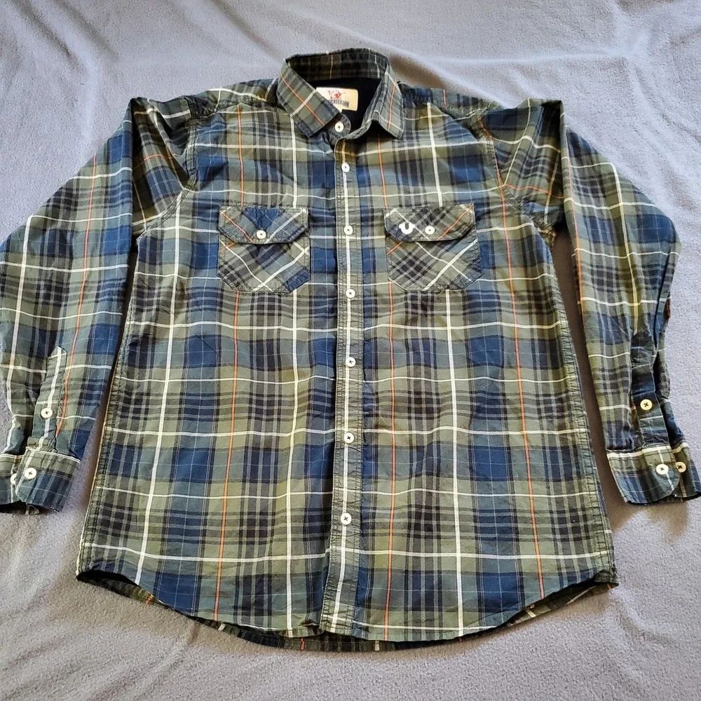 True Religion Mens XL Plaid Button Down Shirt Green Blue Long Sleeve‎ Horseshoe